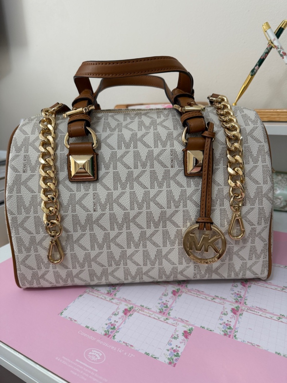 Michael Kors Vanilla and Acorn Logo Satchel with Gold Accents